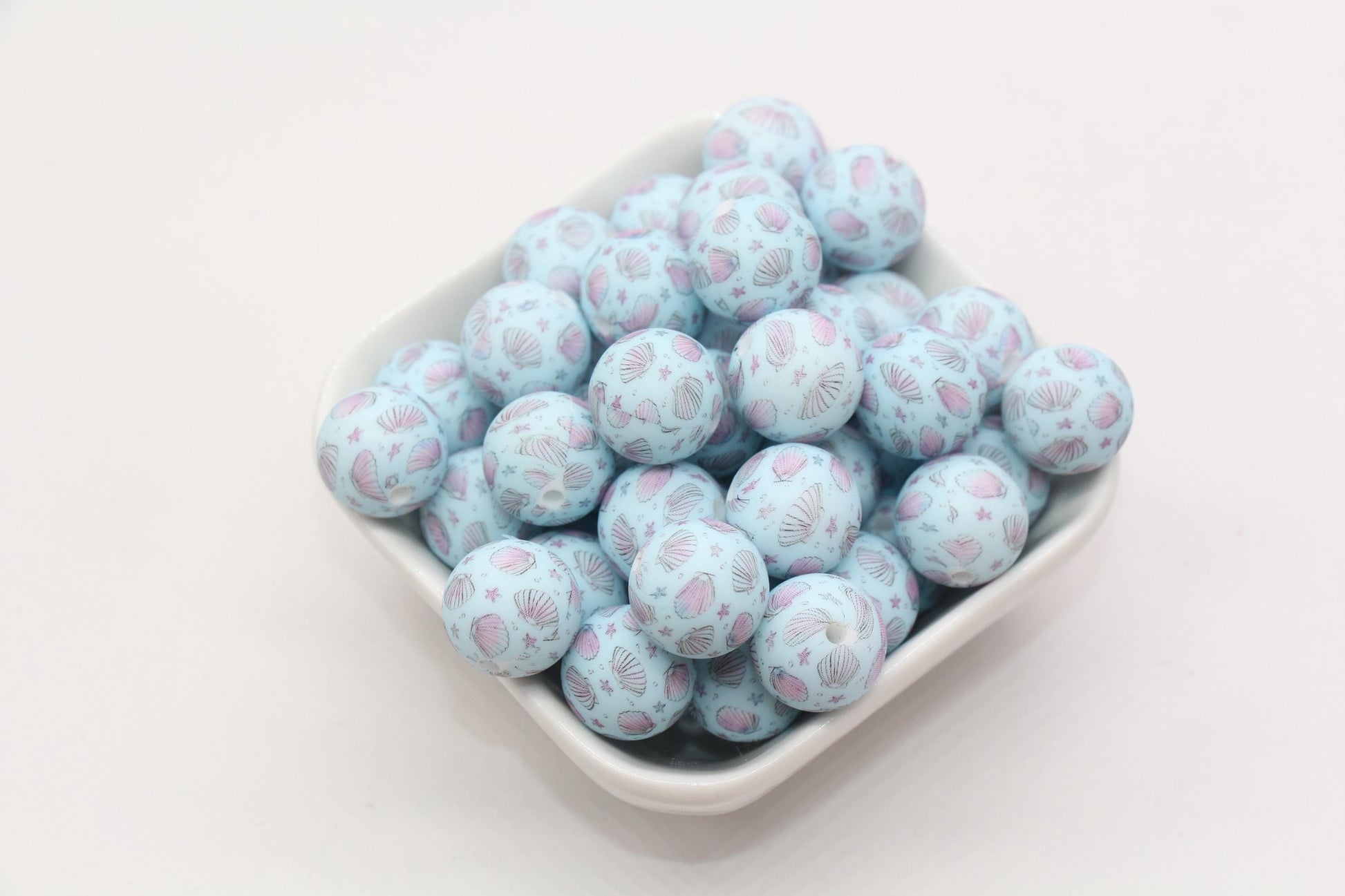 15mm Seashell Printed Beads, Blue Sea Shell Silicone Beads, Round Bubblegum Beads, Beads for Pens #S128