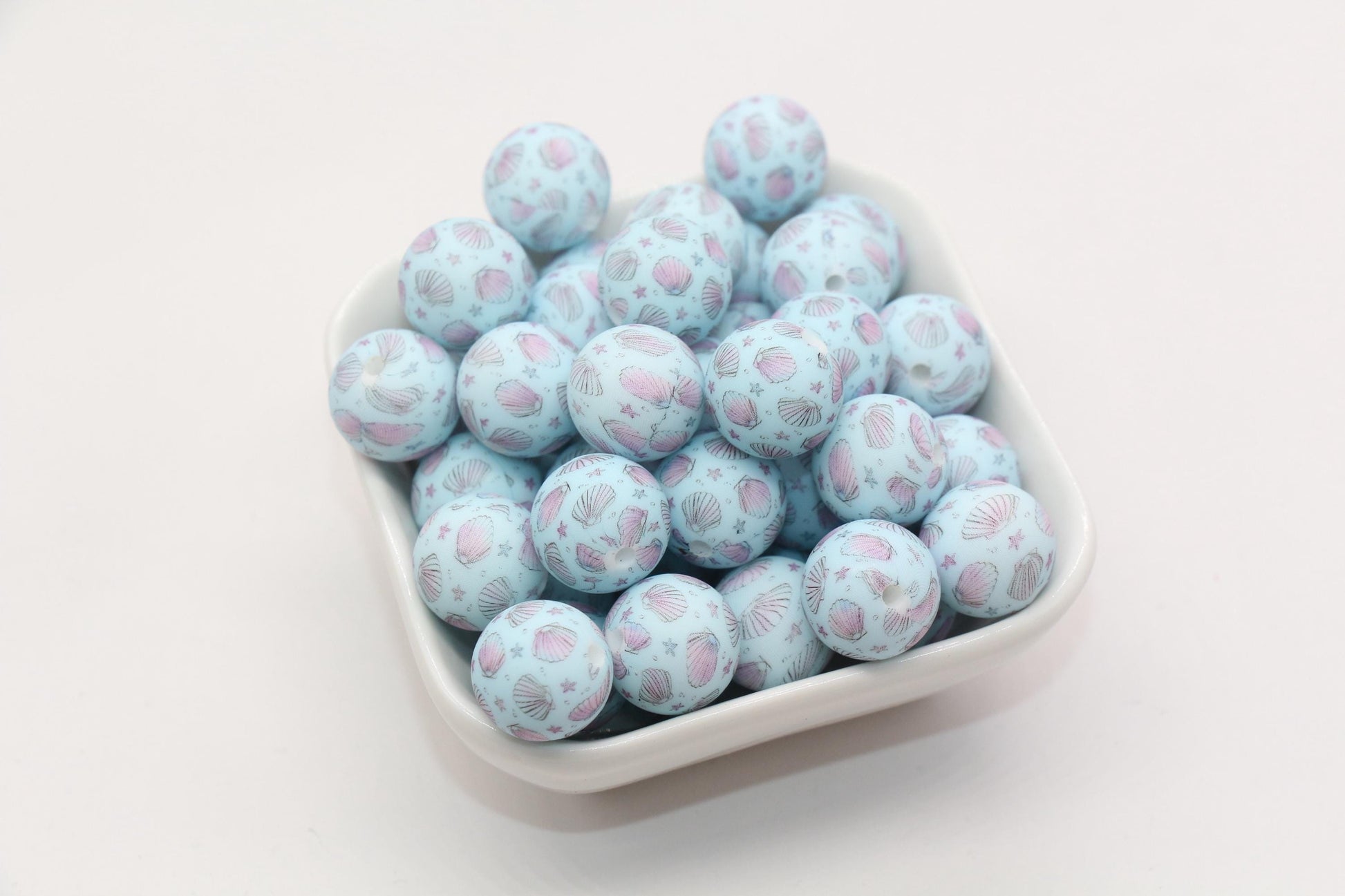 15mm Seashell Printed Beads, Blue Sea Shell Silicone Beads, Round Bubblegum Beads, Beads for Pens #S128