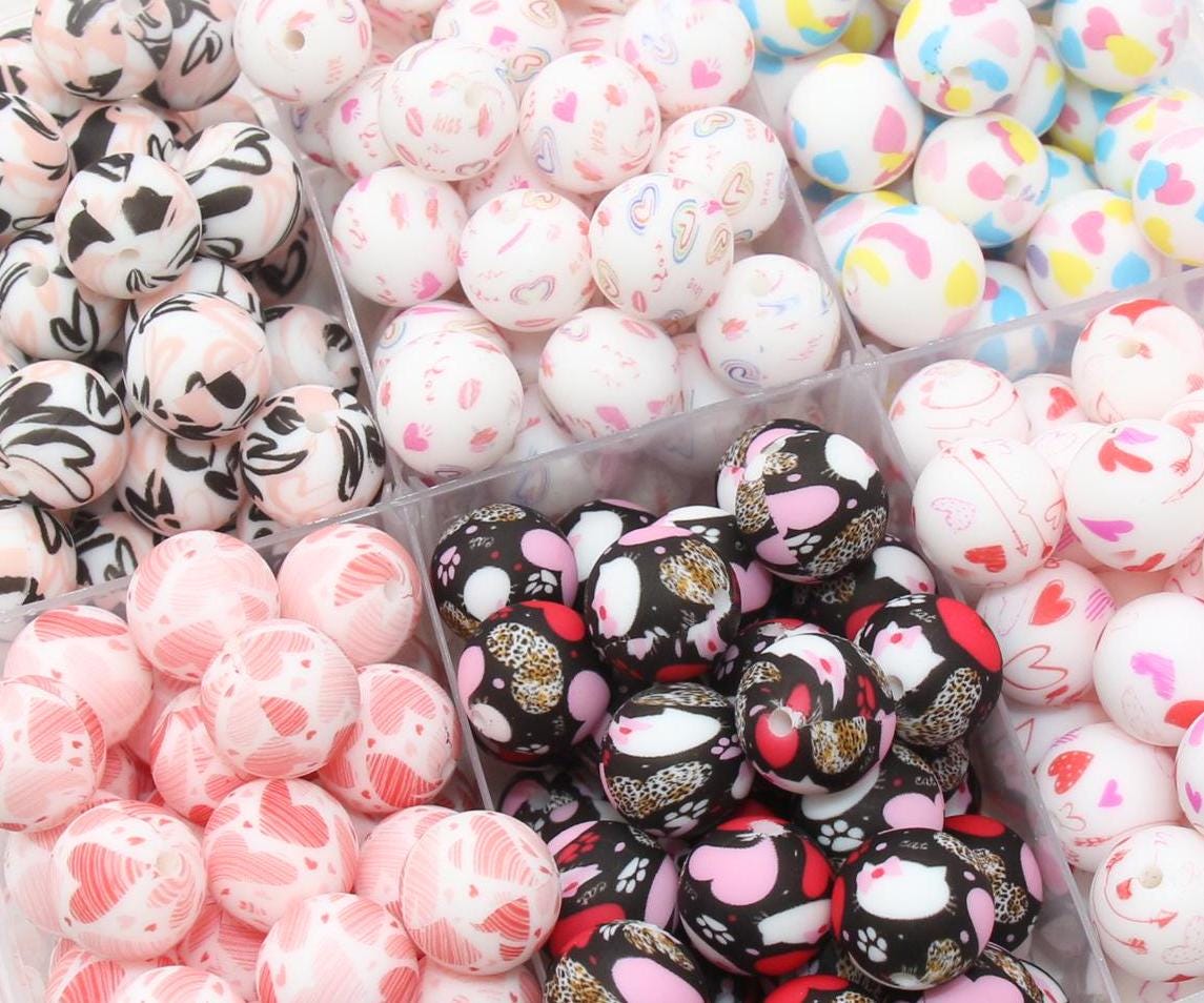 15mm Heart Printed Beads, Heart Love Printed Silicone Beads, Round Bubblegum Beads, Beads for Pens, Beads for Bracelets