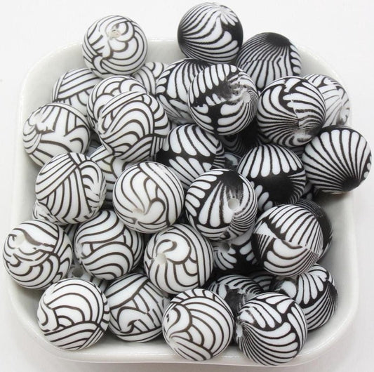 15mm Swirl Printed Beads, Black Swirl Silicone Beads, Round Bubblegum Beads, Beads for Pens