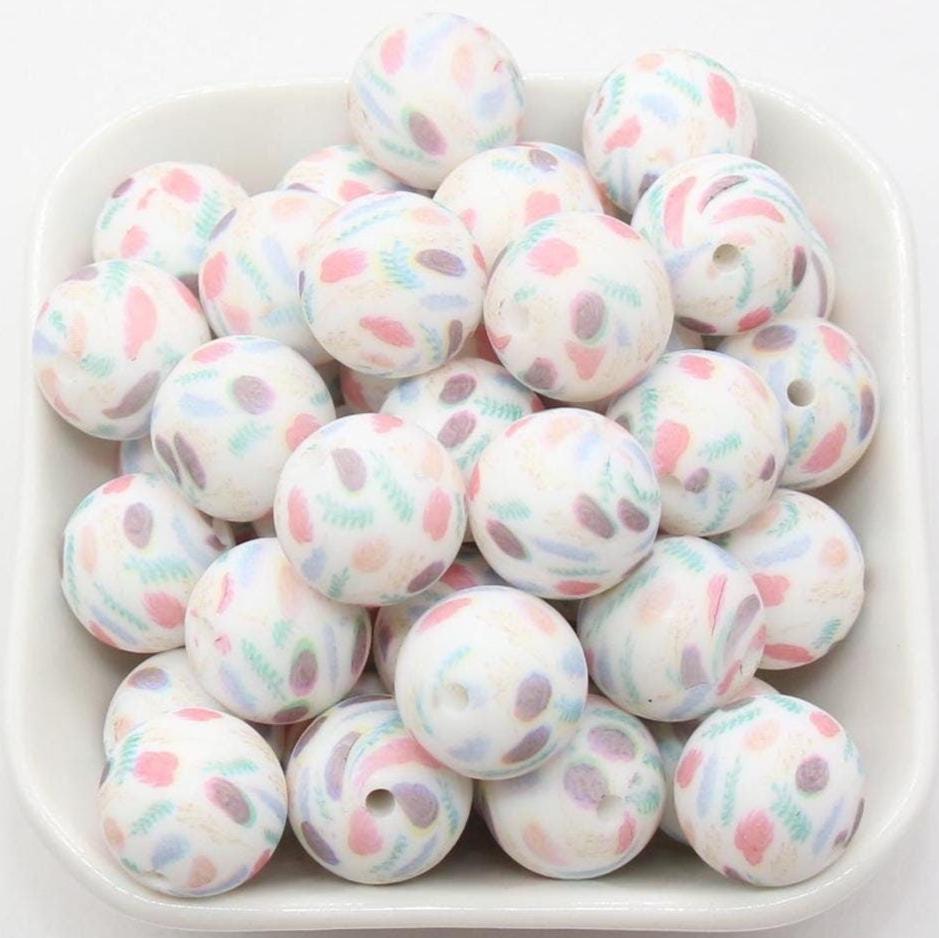 15mm Flower and Leaf Printed Beads, Floral Silicone Beads, Round Bubblegum Beads, Beads for Pens #S140