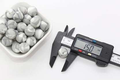 15mm Gray Patterned Printed Beads, Printed Silicone Beads, Round Bubblegum Beads, Beads for Pens #S142
