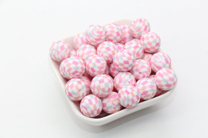 15mm Pink Checkered Printed Beads, Patterned Printed Silicone Beads, Round Bubblegum Beads, Beads for Pens #S145