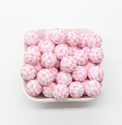 15mm Pink Checkered Printed Beads, Patterned Printed Silicone Beads, Round Bubblegum Beads, Beads for Pens #S145