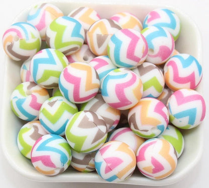 15mm Wave Printed Beads, Mix Color Wave Printed Silicone Beads, Round Bubblegum Beads, Beads for Pens #S144