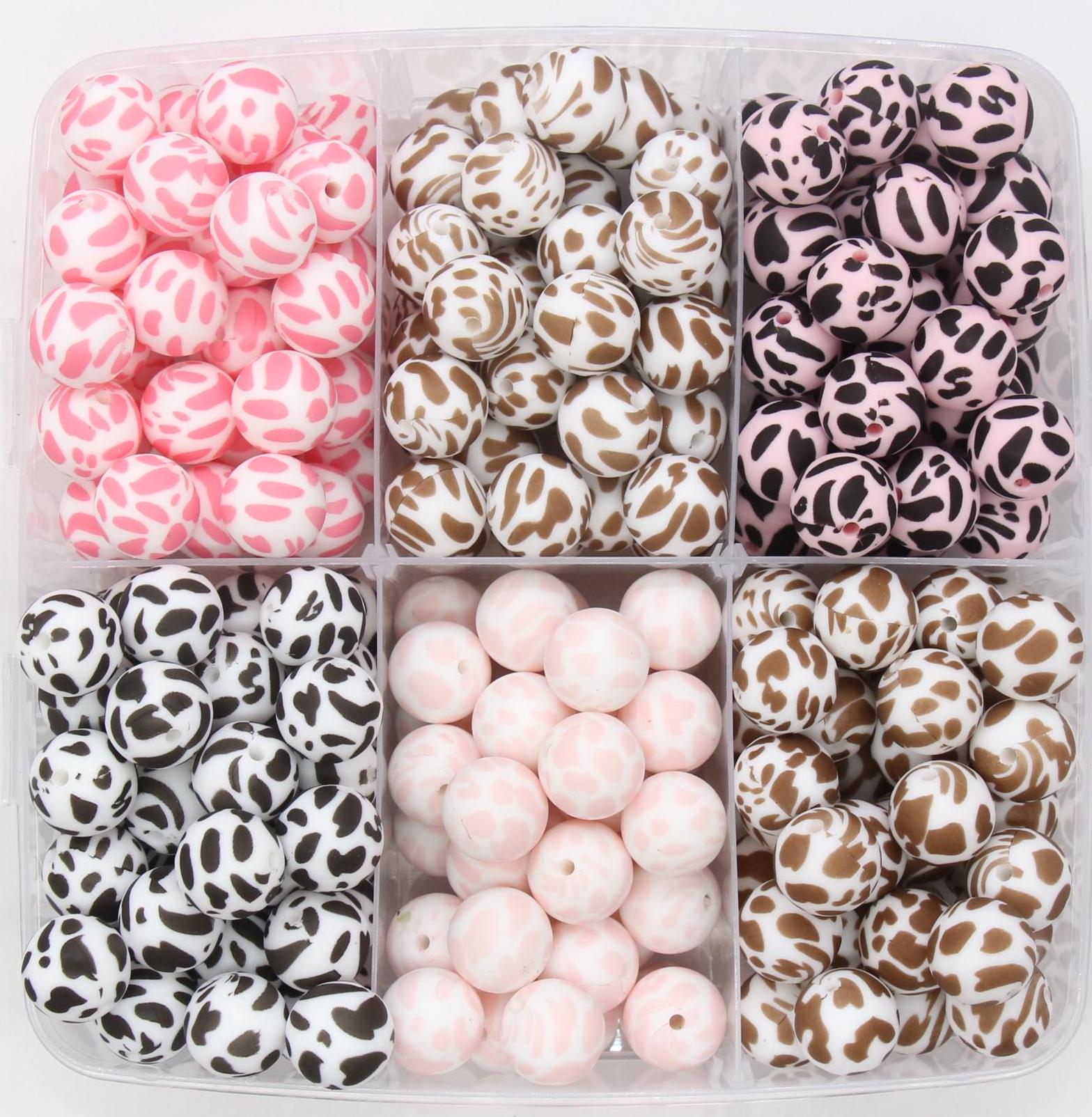 15mm Cow Printed Beads, Animal Silicone Beads, Round Bubblegum Beads, Beads for Pens, Beads for Bracelets