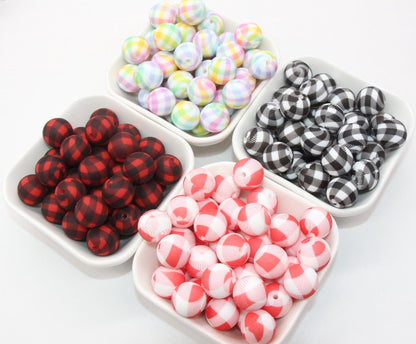 15mm Checkered Printed Beads, Animal Silicone Beads, Round Bubblegum Beads, Beads for Pens, Beads for Bracelets