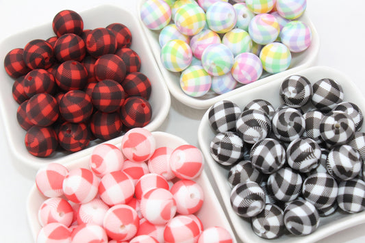 15mm Checkered Printed Beads, Animal Silicone Beads, Round Bubblegum Beads, Beads for Pens, Beads for Bracelets