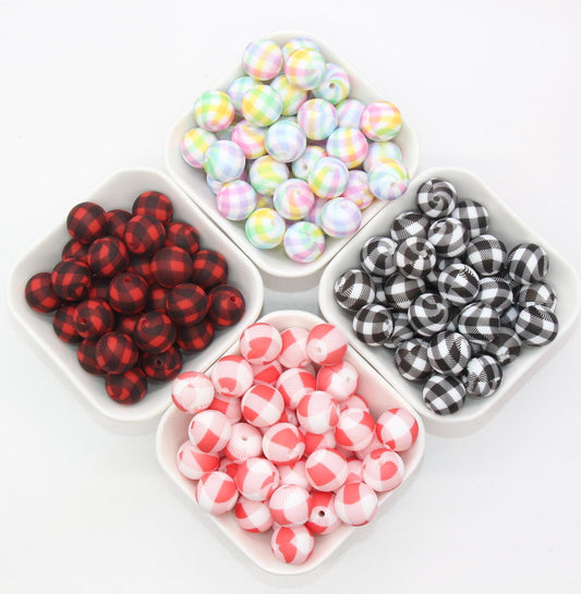 15mm Checkered Printed Beads, Animal Silicone Beads, Round Bubblegum Beads, Beads for Pens, Beads for Bracelets