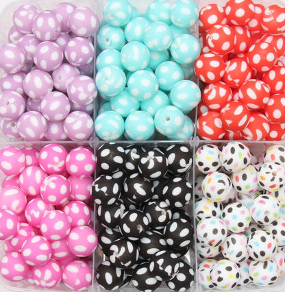 15mm Polka Dots Printed Beads, Dots Print Silicone Beads, Round Bubblegum Beads, Beads for Pens, Beads for Bracelets