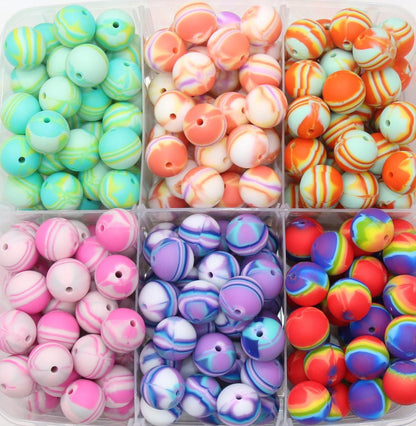 15mm Stripe Printed Beads, Blending Stripes Print Silicone Beads, Round Bubblegum Beads, Beads for Pens, Beads for Bracelets