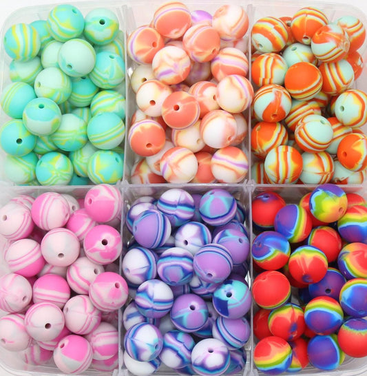 15mm Stripe Printed Beads, Blending Stripes Print Silicone Beads, Round Bubblegum Beads, Beads for Pens, Beads for Bracelets