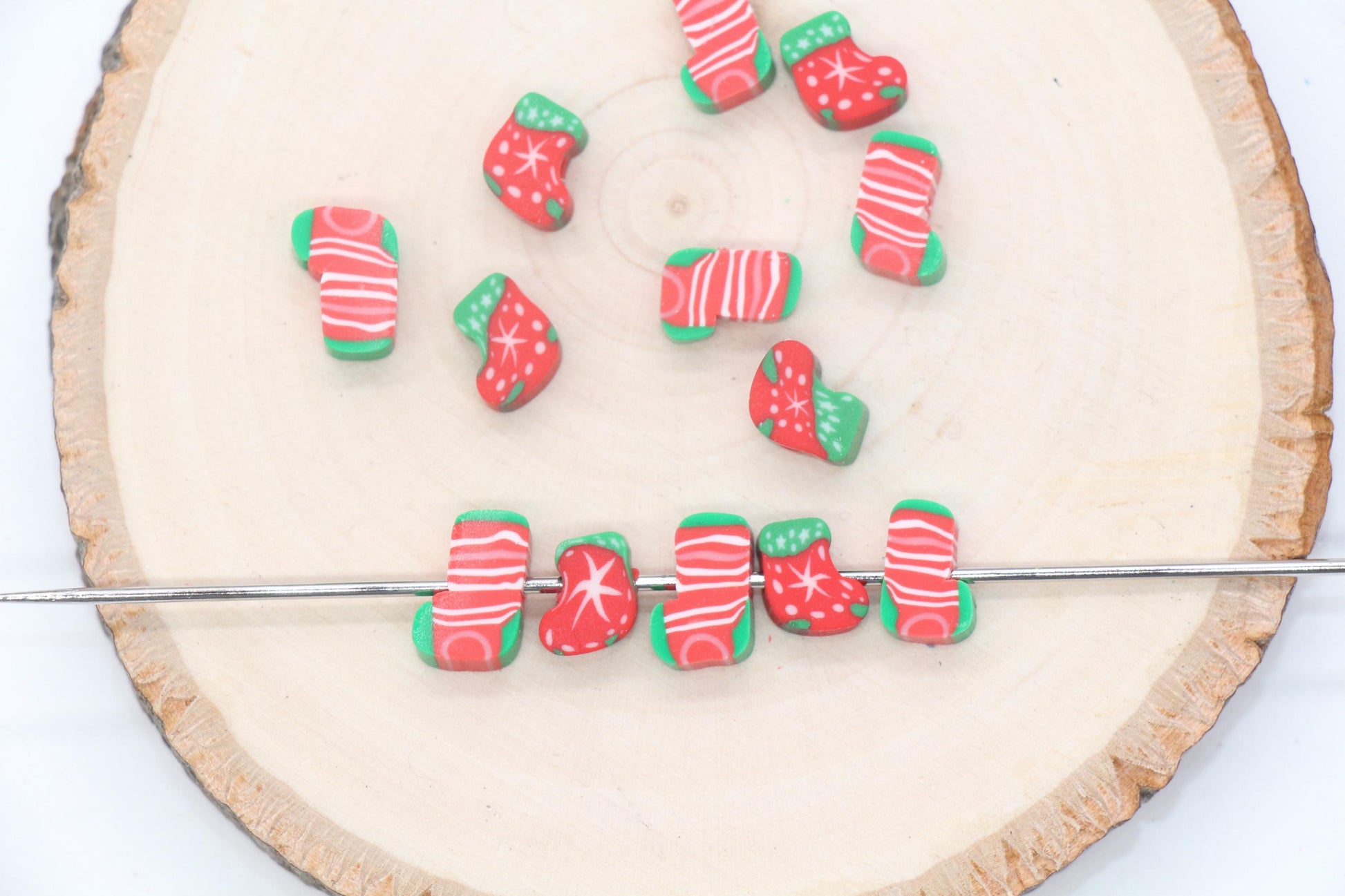 Christmas Stocking Beads, Christmas Socks Beads, Polymer Clay Beads, Holiday Themed Beads, Beads for Bracelets, Xmas Beads