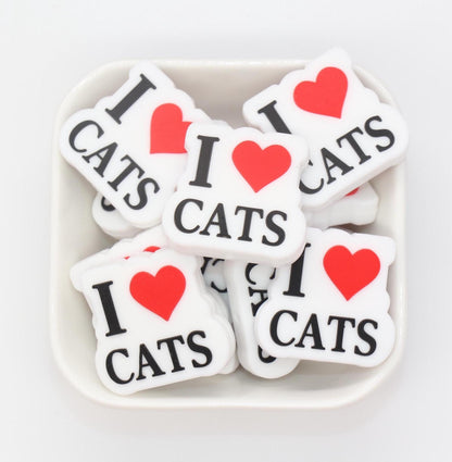 I Love Cats Beads, Cat Lover Silicone Beads, Silicone Loose Beads, Focal Beads #722