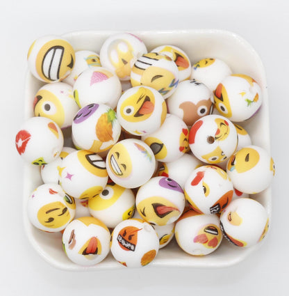 15mm Emoji Printed Beads, Silicone Bubblegum Beads, Beads for Pens, Beads for Bracelets #S244