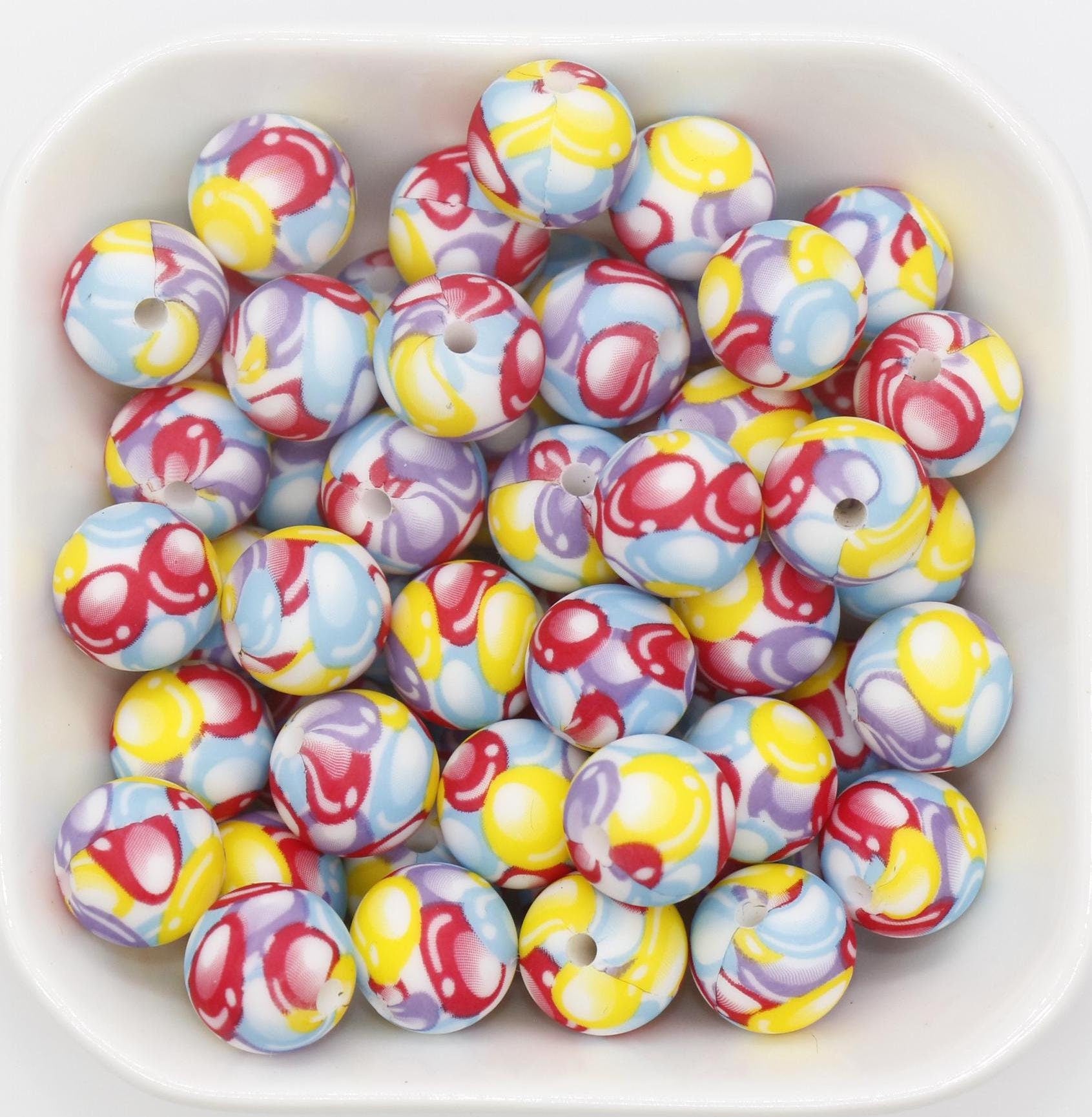 12mm Balloon Printed Beads, Birthday Balloon Print Silicone Beads, Round Bubblegum Beads, Beads for Pens #309