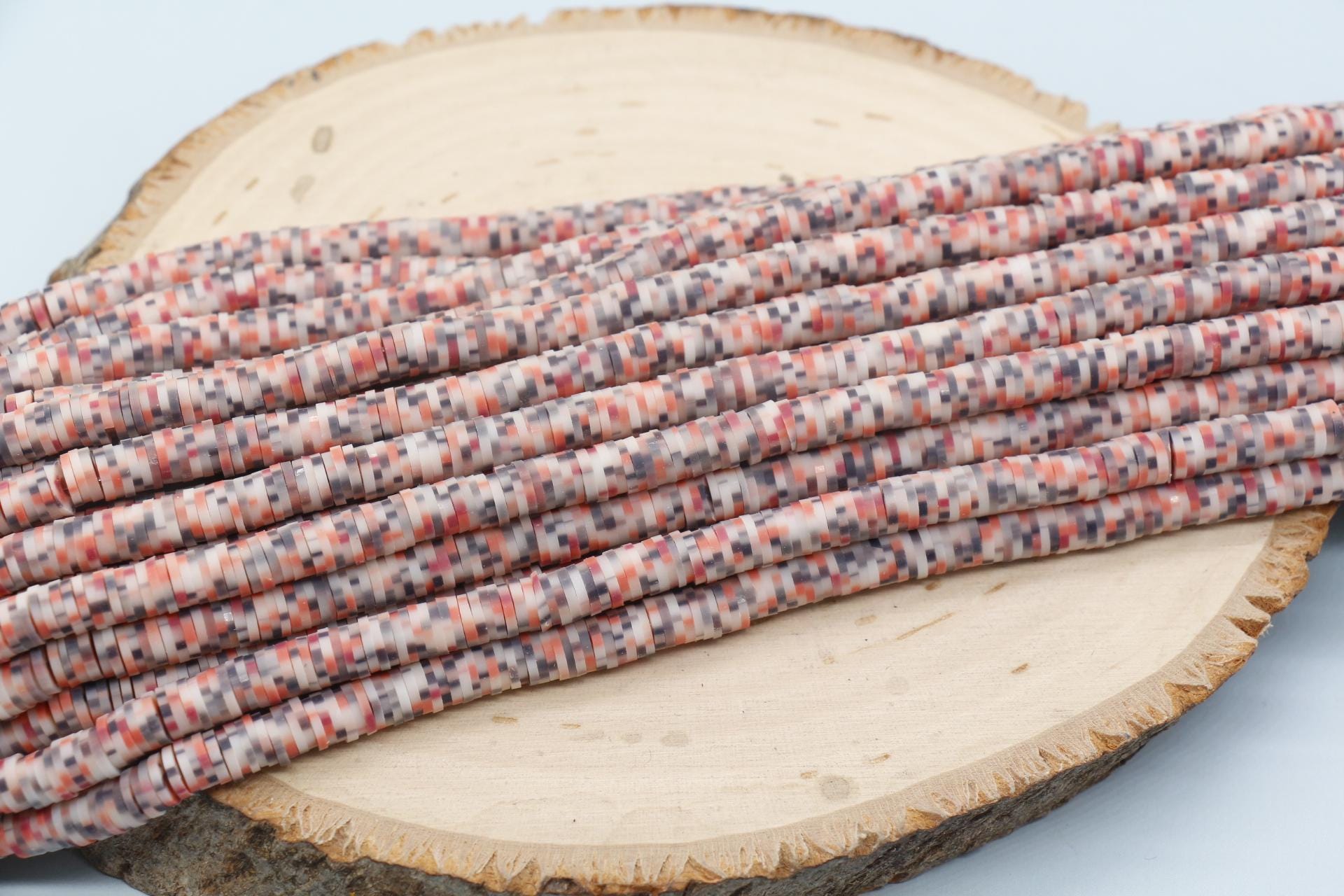 6mm Pink and Black Speckled Heishi Beads, Dotted Polymer Clay Disc Beads, African Disc Beads, Bracelet Beads, Full Strand #746