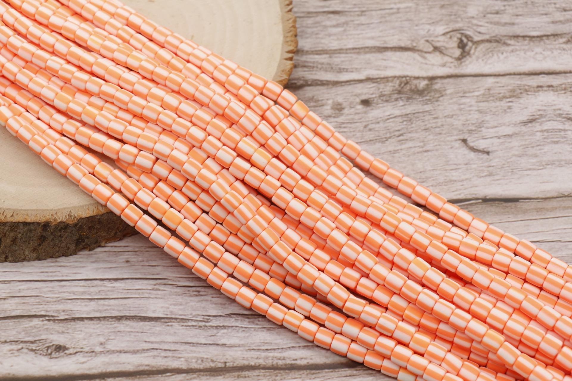 6mm Wide Column Chunky Polymer Clay Beads, Orange Heishi Spacer Beads, Orange Striped Heishi, Tube Beads, Barrel Beads #761