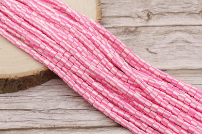 6mm Pink Striped Heishi, Wide Column Chunky Beads, Polymer Clay Beads, Tube Beads, Barrel Beads #762