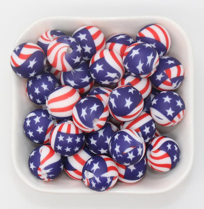 15mm US Flag Printed Beads, Stars and Stripes Printed Silicone Bubblegum Beads, Beads for Pens, Beads for Bracelets #S252