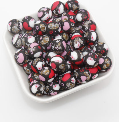 12mm Heart and Paw Silicone Beads, Paw Print Silicone Beads, Round Bubblegum Beads, Beads for Pens #318