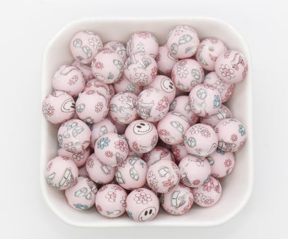 12mm Flower Printed Silicone Beads, Floral Silicone Beads, Bubblegum Beads, Beads for Pens, Beads for Bracelets