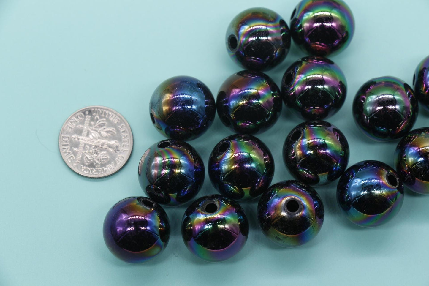 16mm Black AB Gumball Beads, Iridescent Round Beads, Plastic Gumball Beads, Chunky Beads, Beads for Bracelets #3498