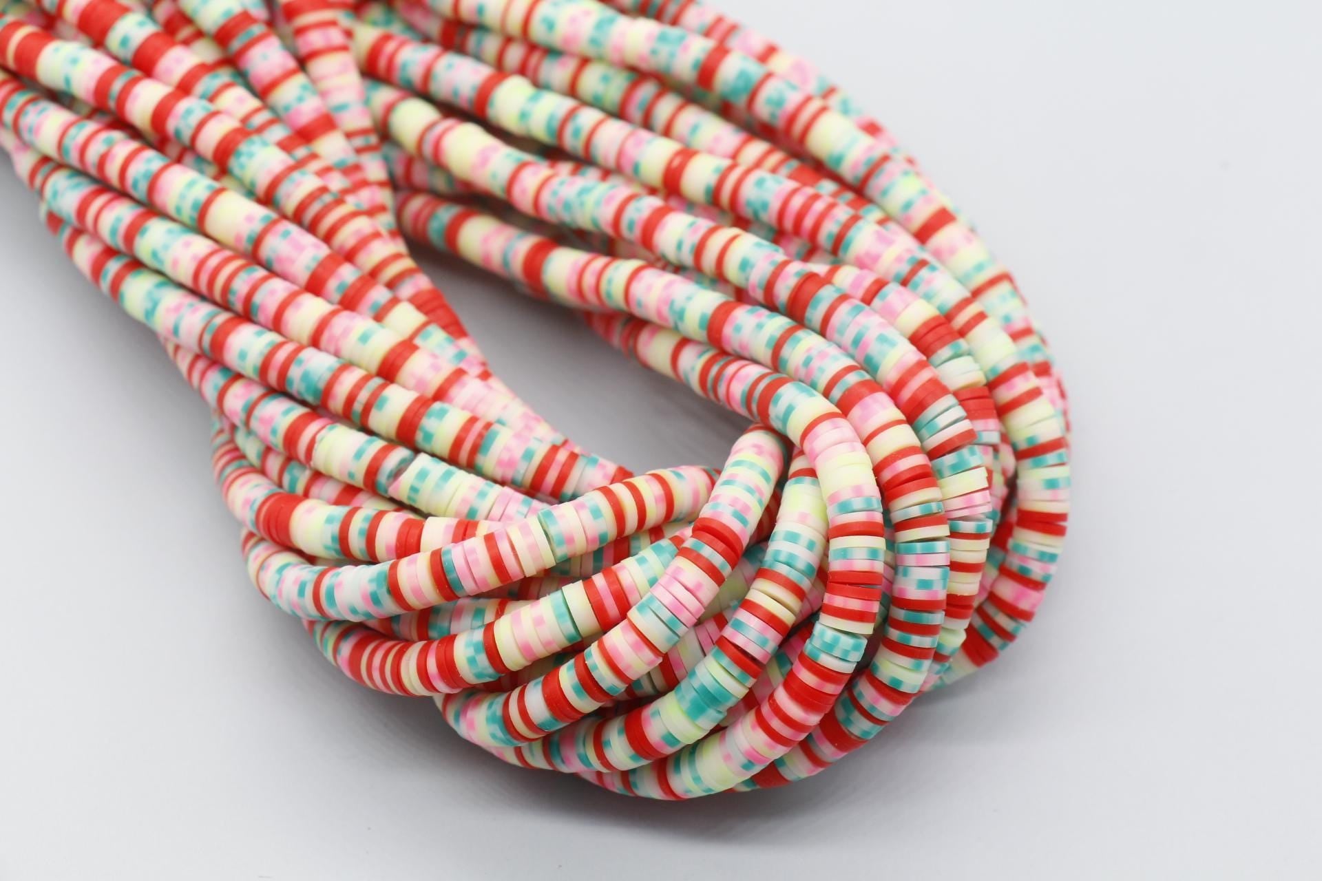 6mm Mix Speckled Heishi Beads, Green Pink and Red Mix Dotted Polymer Clay Disc Beads, African Disc Beads, Bracelet Beads, Full Strand #744