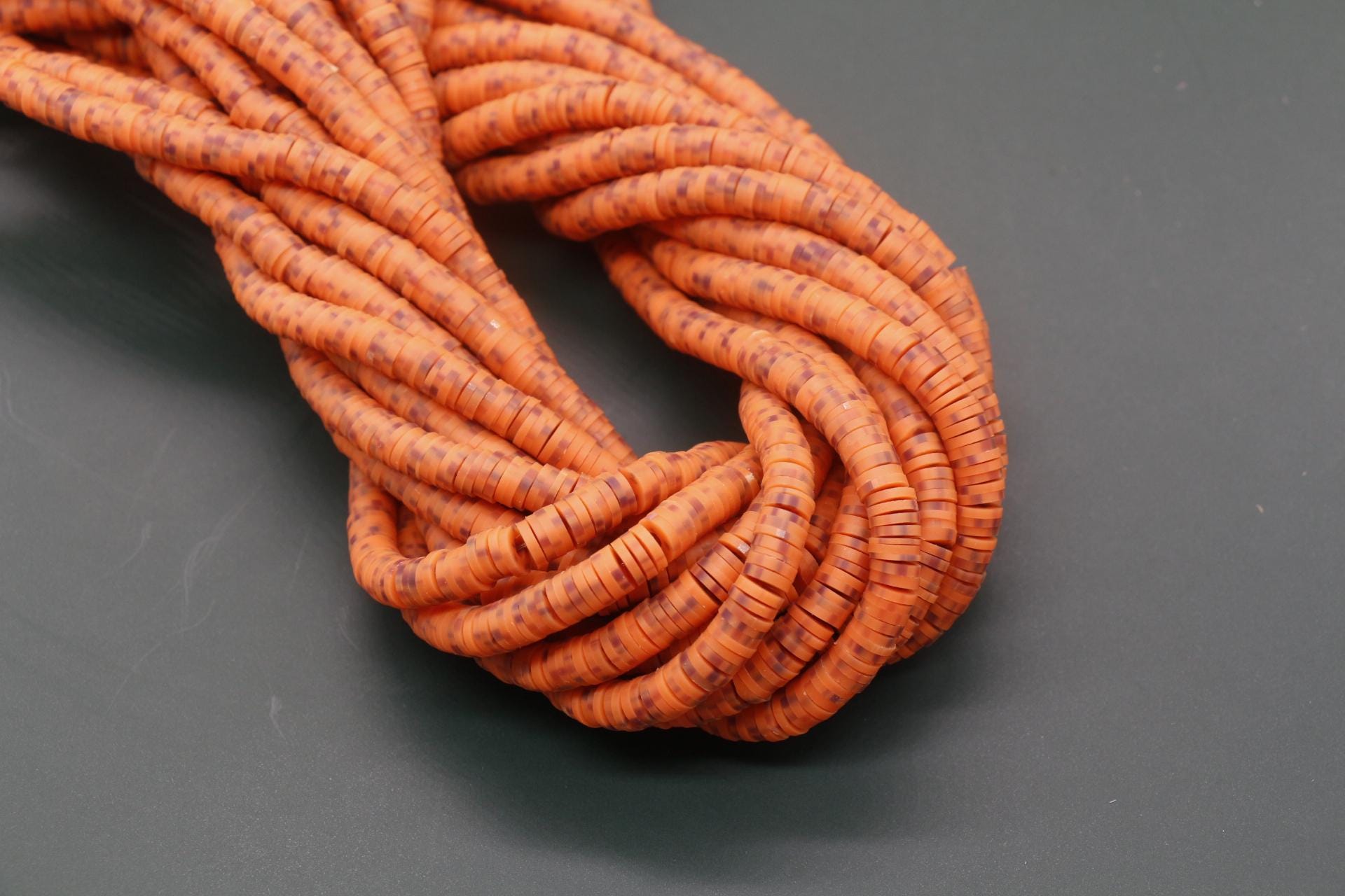 6mm Orange Speckled Heishi Beads, Dotted Polymer Clay Disc Beads, African Disc Beads, Bracelet Beads, Full Strand #747