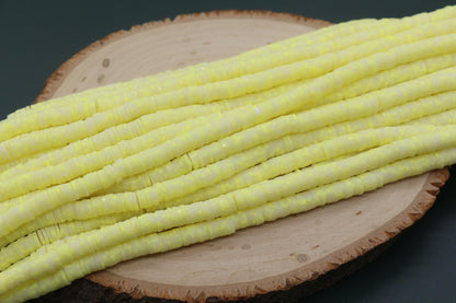 6mm Neon Yellow Speckled Heishi Beads, Yellow Dotted Polymer Clay Disc Beads, African Disc Beads, Bracelet Beads, Full Strand #755