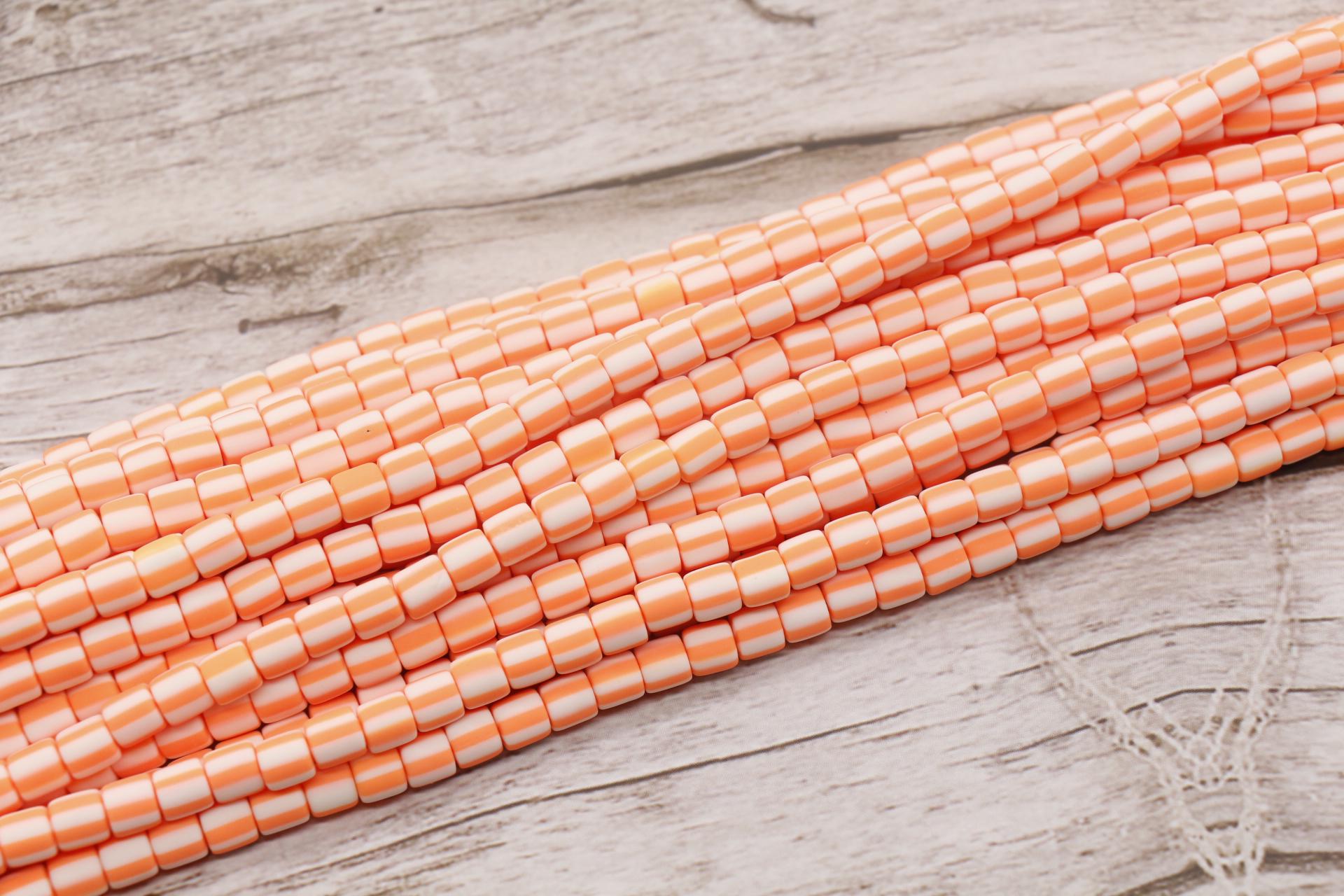 6mm Wide Column Chunky Polymer Clay Beads, Orange Heishi Spacer Beads, Orange Striped Heishi, Tube Beads, Barrel Beads #761