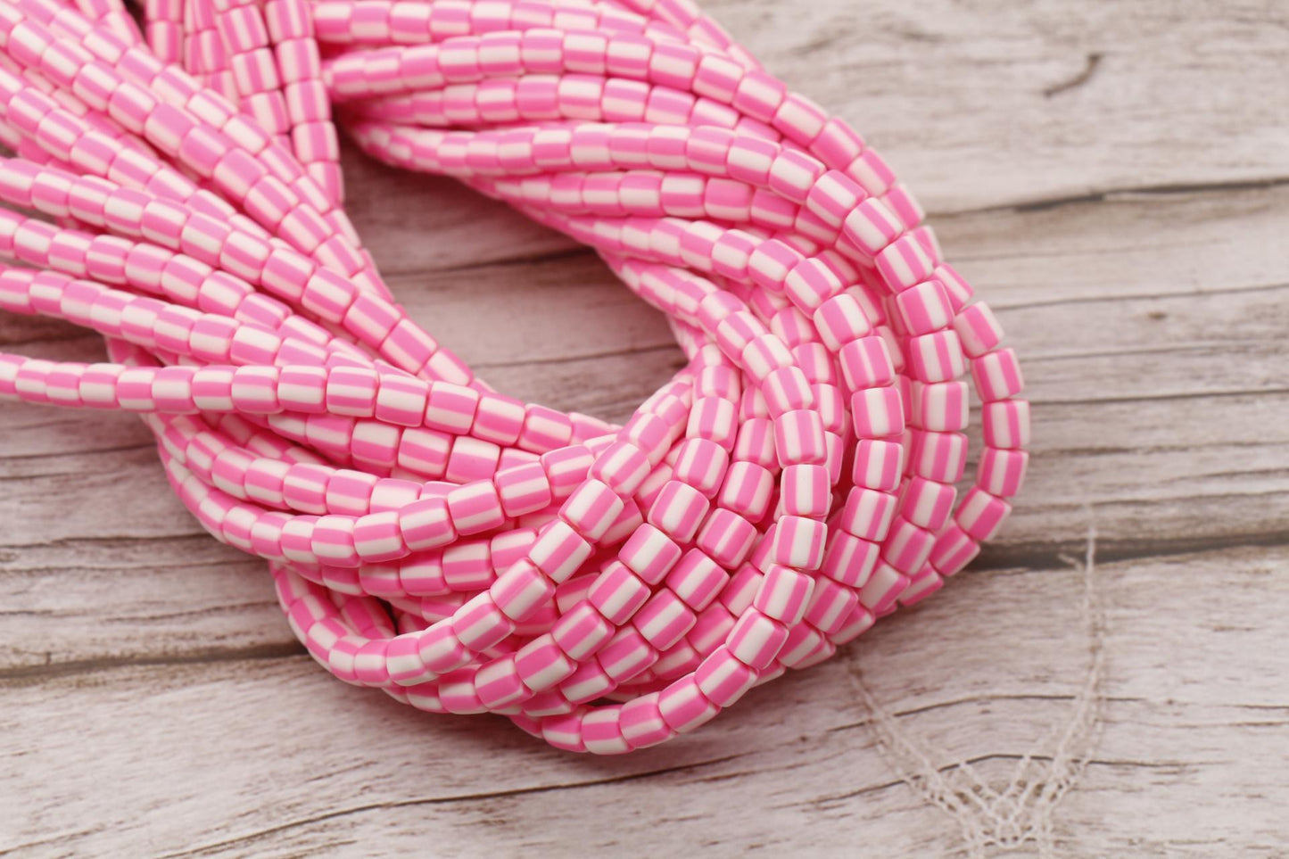 6mm Pink Striped Heishi, Wide Column Chunky Beads, Polymer Clay Beads, Tube Beads, Barrel Beads #762