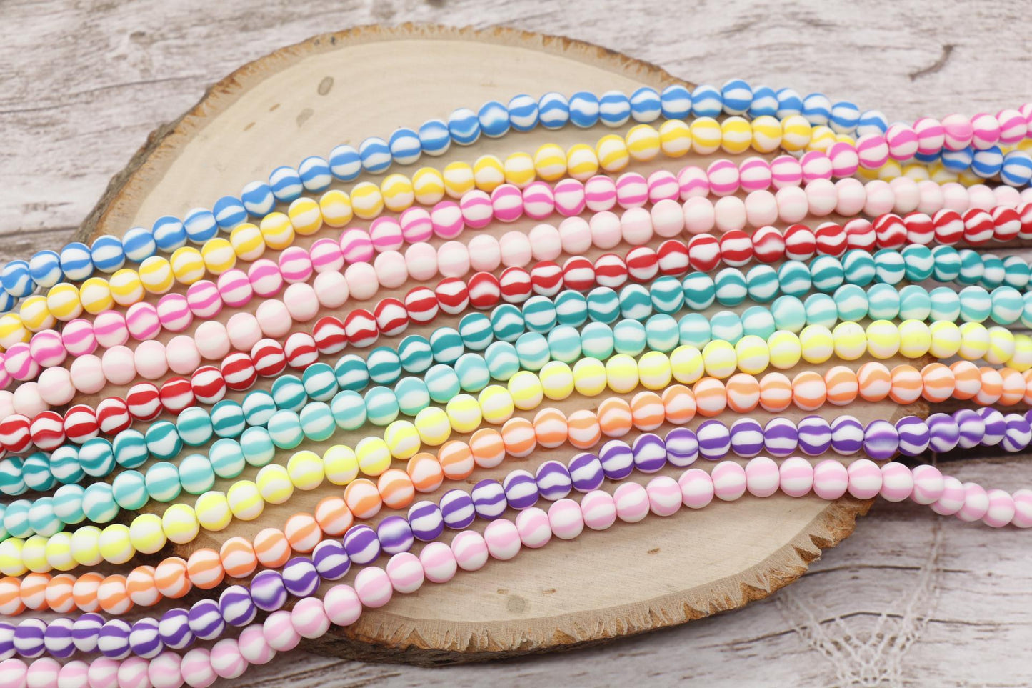 6mm Round Striped Beads, Polymer Clay Beads, Round Chunky Beads, Beads for Bracelets, Striped Heishi Beads