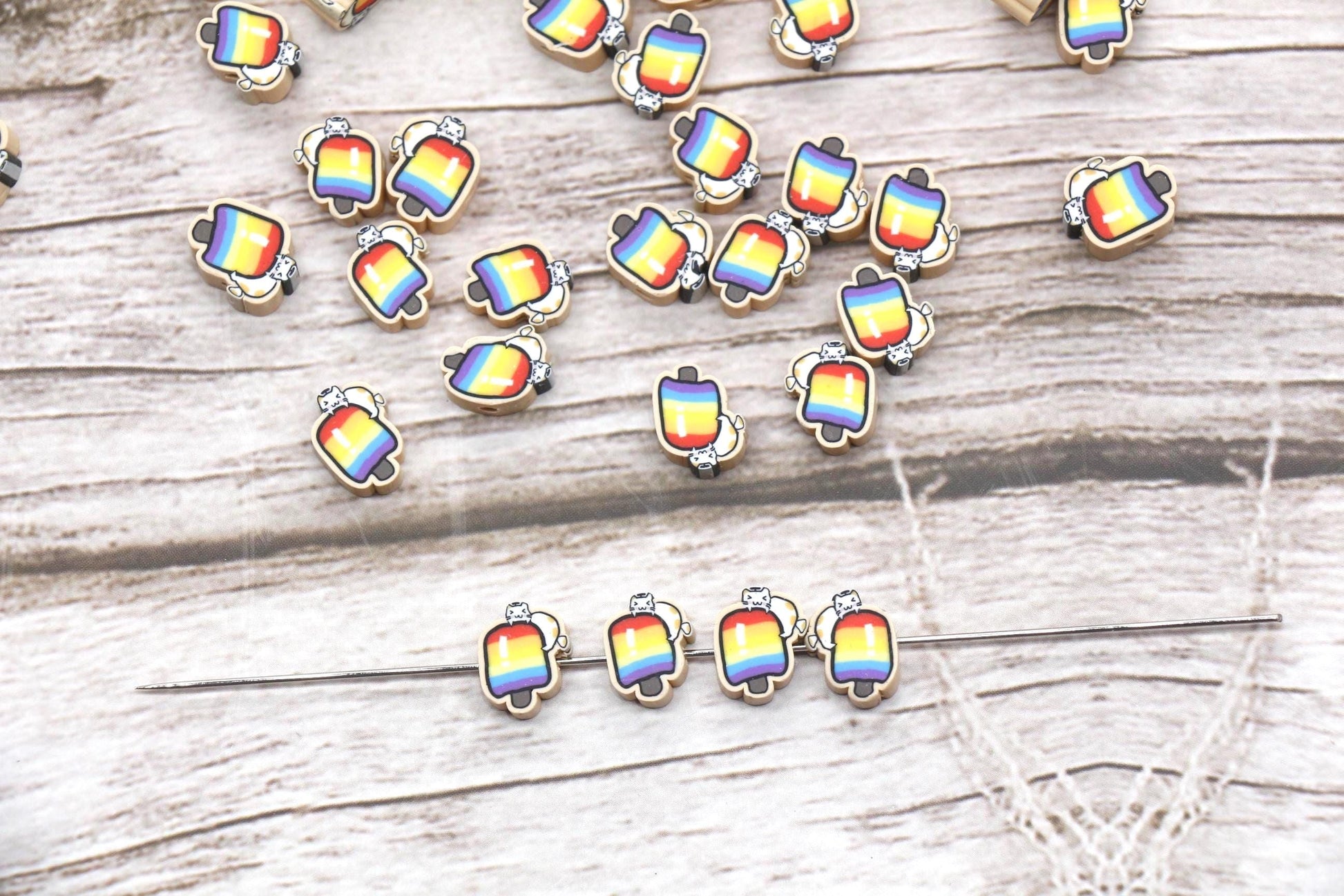 Polymer Clay Beads, Popsicle with Cat Beads, Cute Summer Jewelry Making Supplies #916
