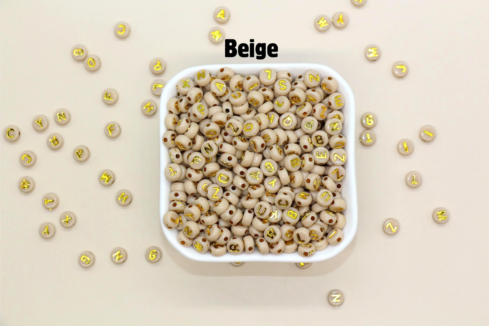Beige Beads with Gold Lettering Alphabet Beads, Acrylic Name Initial Beads, Mix Alphabet Letter Beads, Bead for Bracelet, 7mm #3154