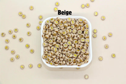 Beige Beads with Gold Lettering Alphabet Beads, Acrylic Name Initial Beads, Mix Alphabet Letter Beads, Bead for Bracelet, 7mm #3154