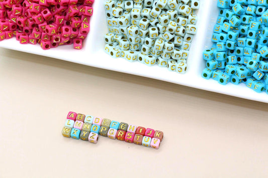 Gold Alphabet Beads 4.8mm, Individual Letter Beads, Single Cube Letter for Jewelry Making, Personalized Name Beads, Bulk Letter Beads