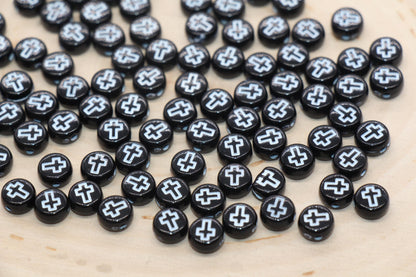 Gold Cross Beads - White and Black Round Acrylic Beads for Jewelry Making, Crafting and Bracelets - Religious Craft Supplies