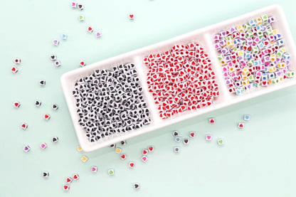 Cube Heart Beads, 5mm Square Heart Beads, Plastic Heart Beads in Black, Red, Mixed Colors, Jewelry Making Supplies for Bracelets Keychains