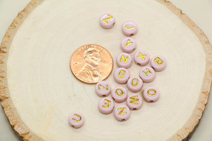 Beige Beads with Gold Lettering Alphabet Beads, Acrylic Name Initial Beads, Mix Alphabet Letter Beads, Bead for Bracelet, 7mm #3154