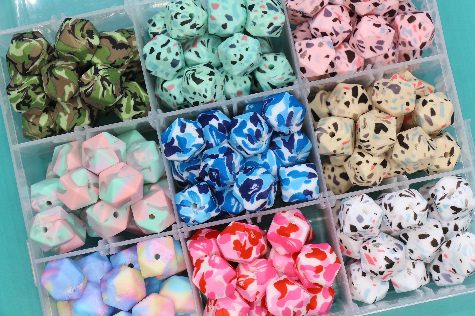 14mm Hexagon Silicone Beads, Camo, Terrazzo, Tie Dye Printed Beads for DIY Jewelry Making, Bracelets, Keychains