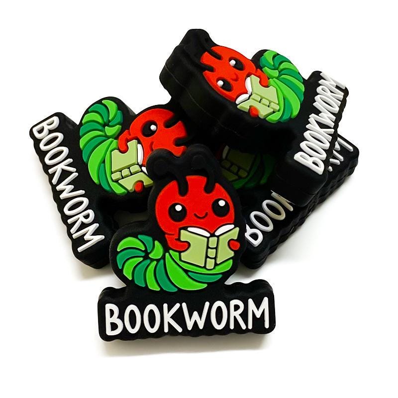 Bookworm Focal Beads, Silicone Book Lover Beads, Chunky Silicone Beads for Jewelry Making, Loose Beads for Bracelets, Reading Themed Beads