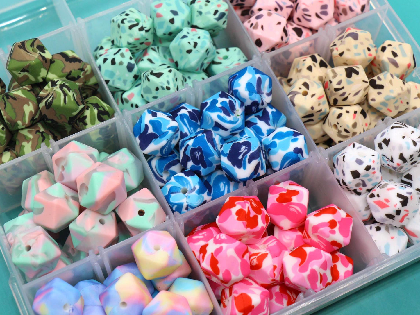 14mm Hexagon Silicone Beads, Camo, Terrazzo, Tie Dye Printed Beads for DIY Jewelry Making, Bracelets, Keychains