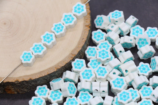 Snowflake Polymer Clay Beads, Winter Snowflake Clay Beads, Snow Themed Jewelry Beads, Handmade Beads for Bracelets #339