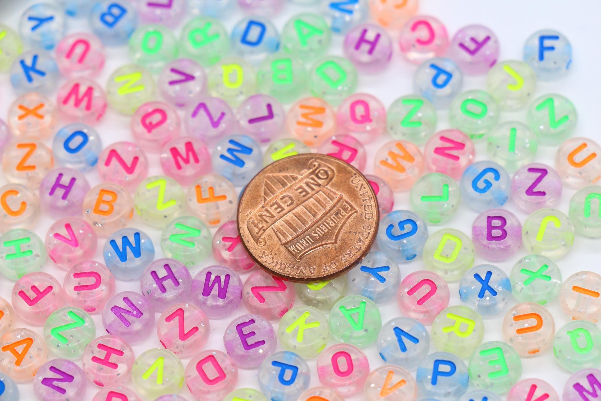 Glitter Letter Beads, Clear Acrylic Alphabet Beads with Neon Letters for Name Bracelets, Jewelry Making, DIY Crafts, Kids Bead Kits #3857