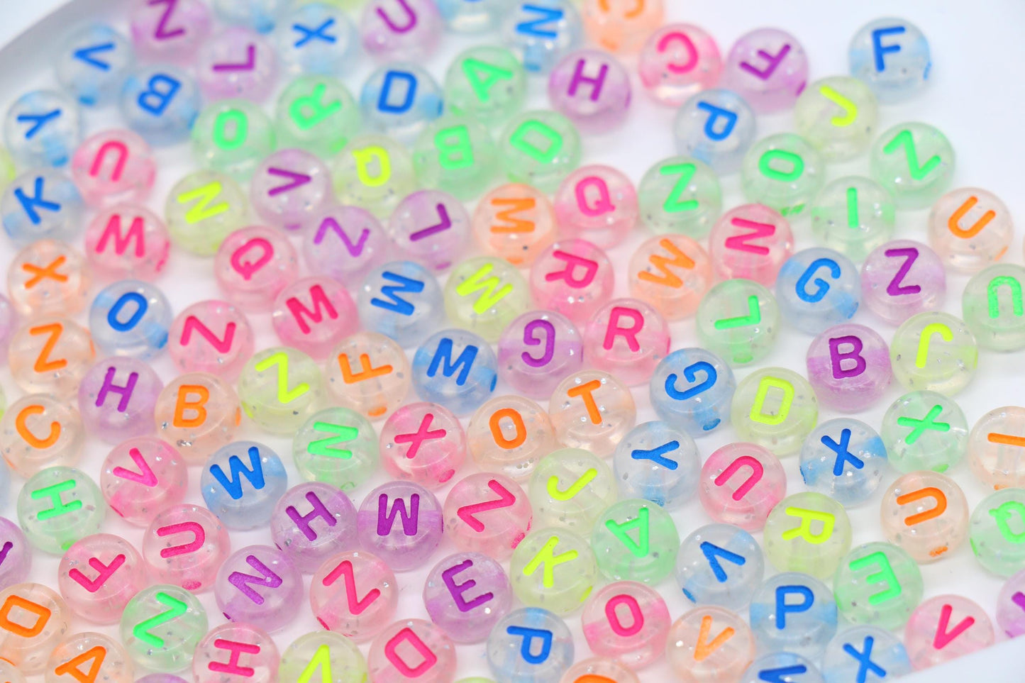 Glitter Letter Beads, Clear Acrylic Alphabet Beads with Neon Letters for Name Bracelets, Jewelry Making, DIY Crafts, Kids Bead Kits #3857