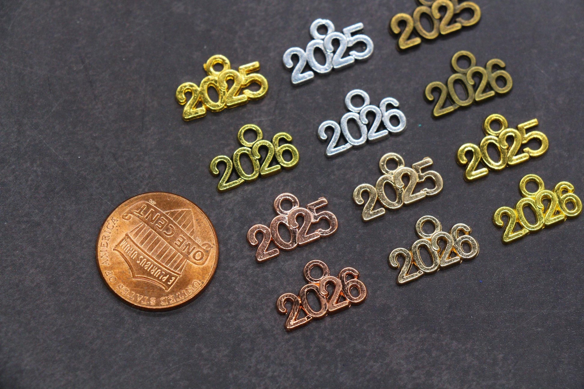 Year 2024 Charms, 2025 Charms, New Year Charms, Graduation Charms, Available in Silver, Rose Gold, Gold, Antique Gold, Bronze.