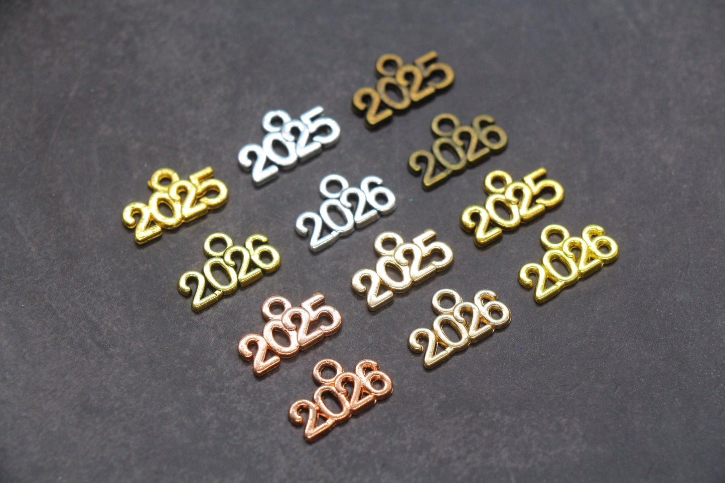 Year 2024 Charms, 2025 Charms, New Year Charms, Graduation Charms, Available in Silver, Rose Gold, Gold, Antique Gold, Bronze.