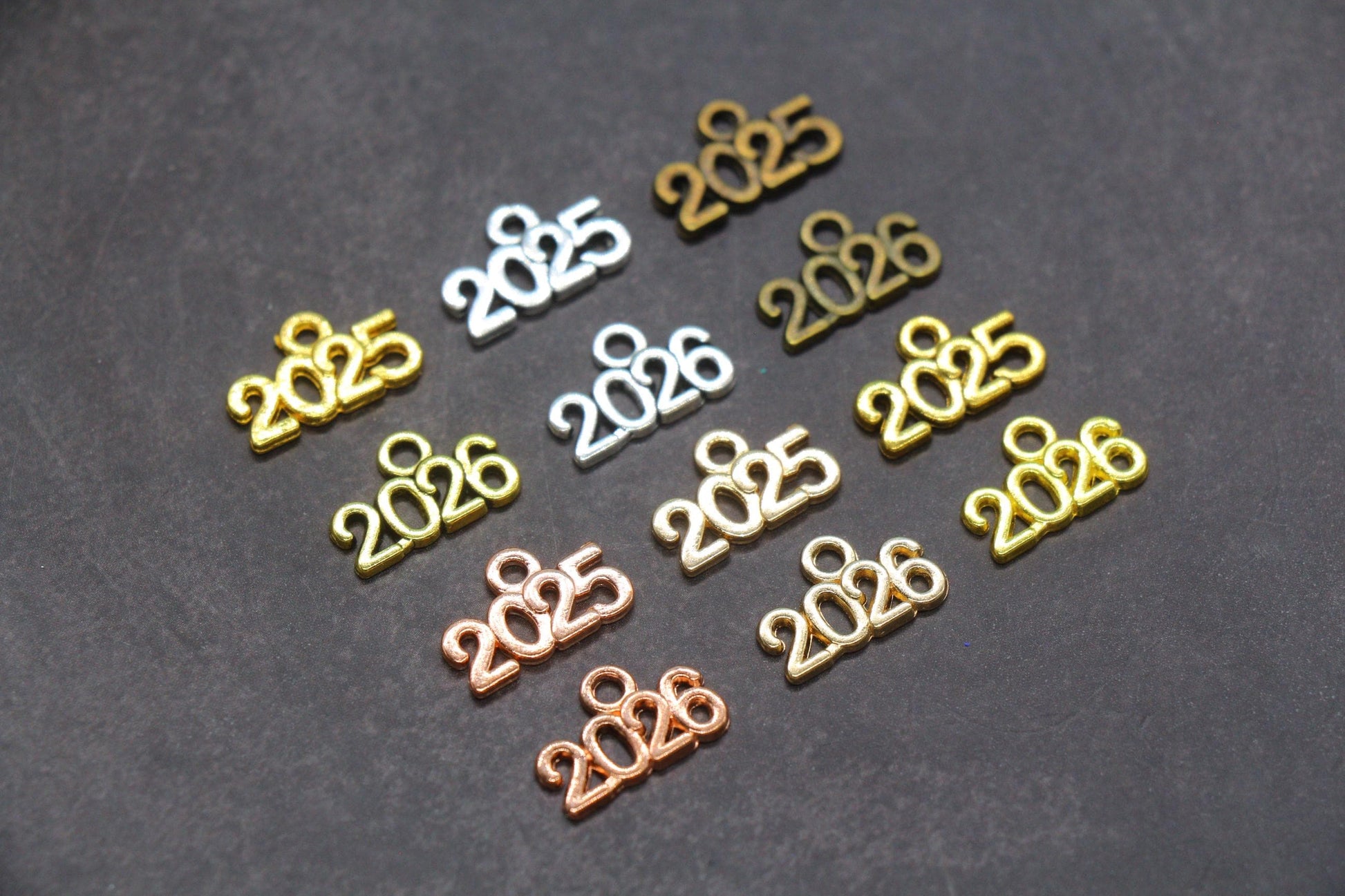 Year 2024 Charms, 2025 Charms, New Year Charms, Graduation Charms, Available in Silver, Rose Gold, Gold, Antique Gold, Bronze.