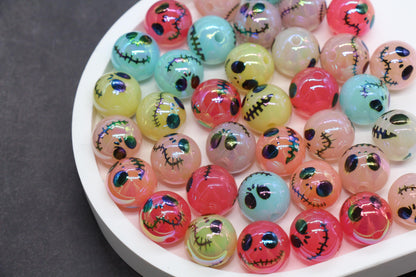16mm Jack Skellington Print Beads, Halloween Beads, Iridescent Bubblegum Beads, Beads for Pens, Plastic Beads, Beads for Bracelets #3350